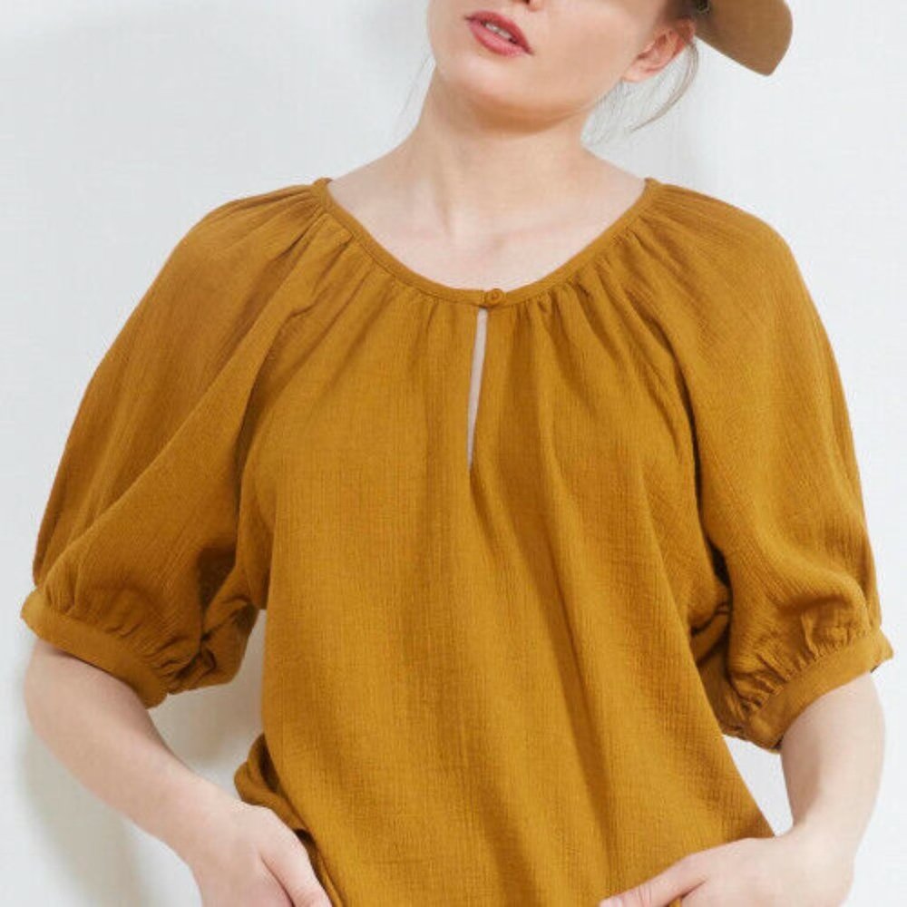 Mes Demoisells Igloo Top Short Sleeve Golden Blouse Top Cotton Cutout NWT M 2